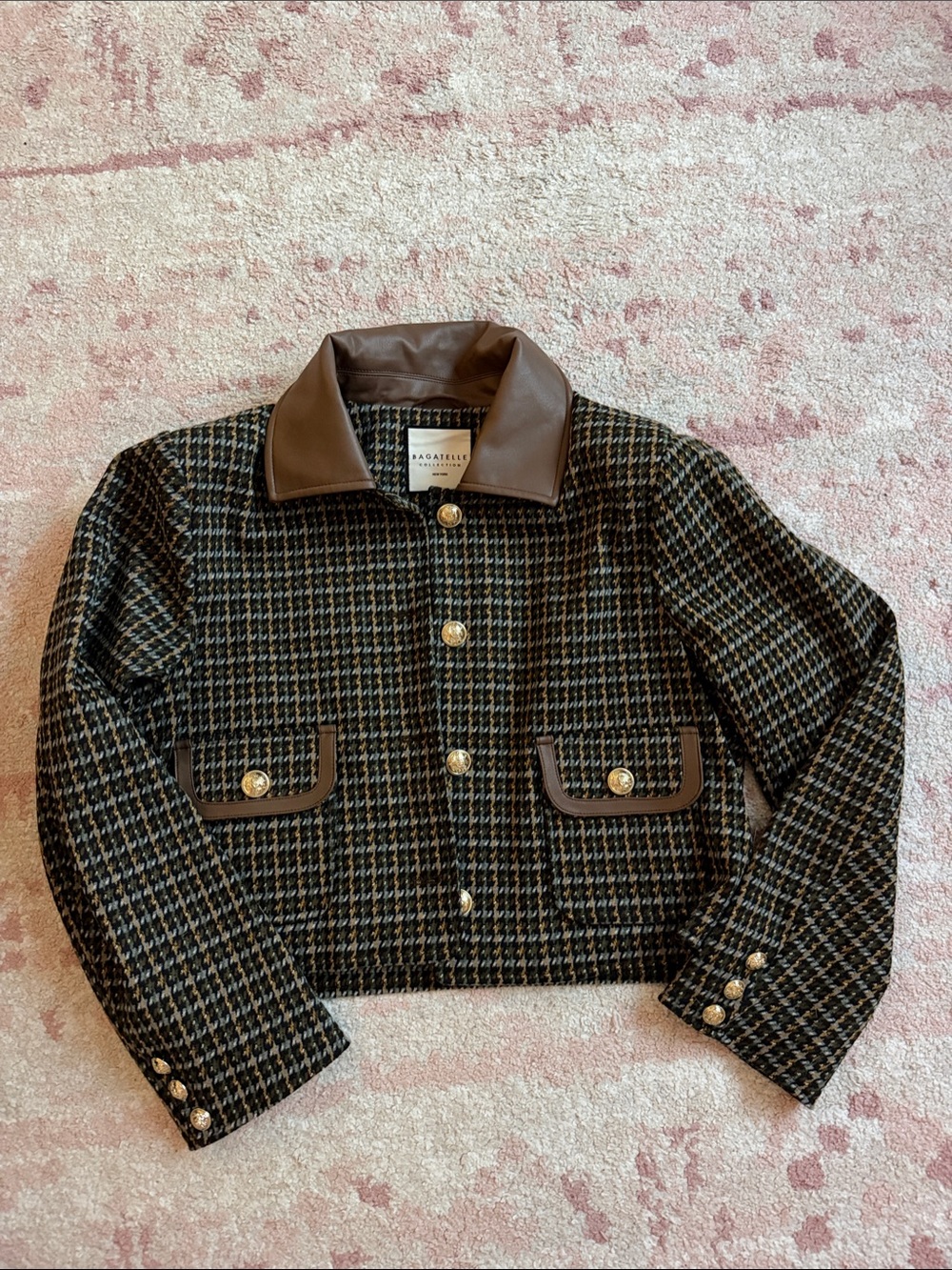 bagatelle Brown Tweed Cropped Blazer with Dark Brown pleather Trim